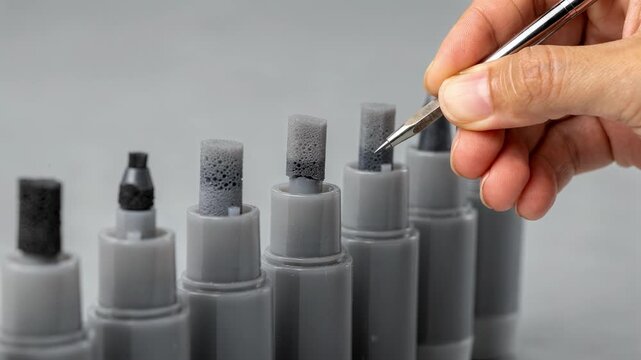 Medium shot of porous chisel marker tips being carefully inserted into marker bodies highlighting the precision in assembly before ink saturation for versatile writing styles.