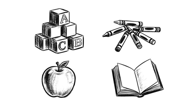 Hand-drawn illustration of school supplies including alphabet blocks, crayons, an apple, and an open book