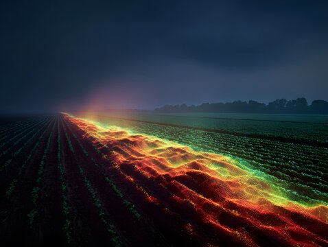Ethereal Glow over Farmland: A surreal landscape where rows of crops meet a vibrant, undulating wave of light and color, creating an otherworldly and mystical atmosphere under a moody sky.