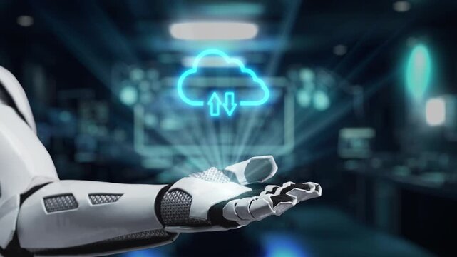 A futuristic robotic hand illustrates cloud data exchange, featuring vibrant digital icons and holographic effects, set in an advanced technology backdrop. Auvana