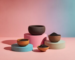 Studio Still Life Display Of Seeds In Bowls On Pastel Backgrounds