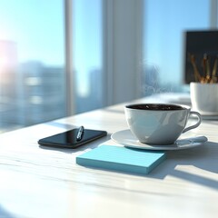 Coffee Cup On Modern Office Desk With City View