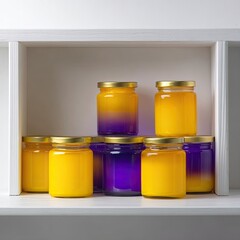 Stacked Colorful Glass Jars On White Shelf