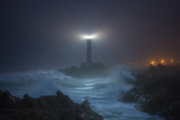 Lighthouse Illuminated Through Stormy Night