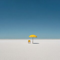 Empty Beach With Yellow Umbrella And Chair