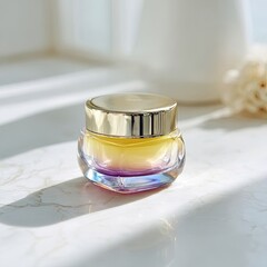 Golden And Purple Gradient Cosmetic Jar On Marble Surface