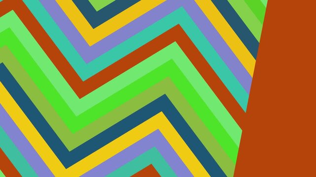 Vibrant geometric pattern featuring zigzag shapes in multicolored hues on a reddish-brown background from a direct viewpoint