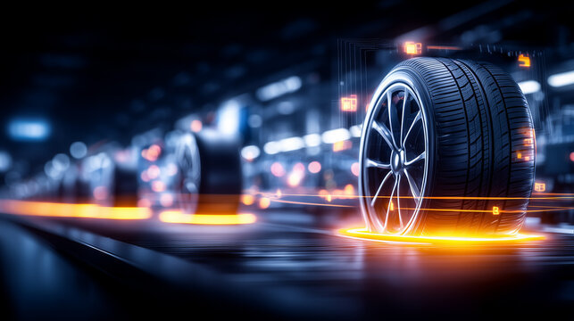 Smart tire with digital overlays on production line representing automotive technology, quality inspection, and manufacturing innovation concept.
