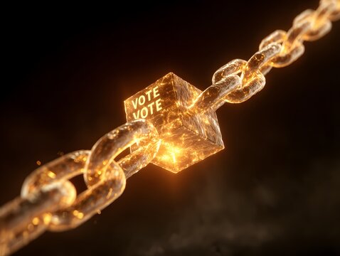 Blockchain Voting Concept: A glowing cube with the word VOTE repeatedly inscribed is intricately linked within a heavy, metallic chain, symbolizing secure and transparent digital democracy.