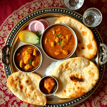 Pakistani qorma golden brown curry and sheermal bread served on wedding thali with traditional glassware top down view