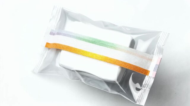Medium shot of a moistureindicating pouch with a fullband sensor wrapped around a clear product package revealing color changes that signal humidity levels.