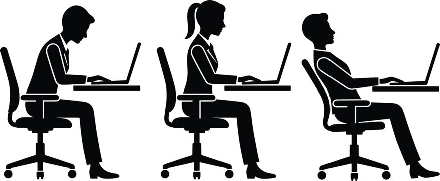 Comparison of correct and incorrect sitting posture at desk with laptop showing ergonomic office health versus poor slouching back pain and bad spinal alignment