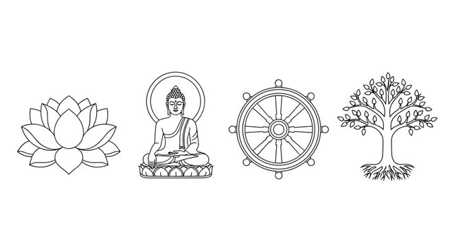 Buddhist symbols including lotus, Buddha, Dharma wheel, and Bodhi tree in a clean line art style