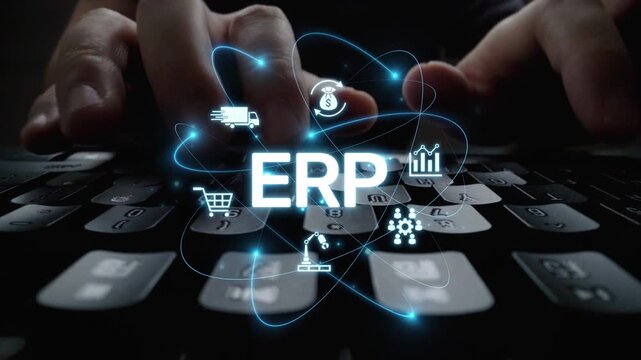 ERP platform visual showing centralized system for enterprise resource planning, improving integration, data flow, business efficiency, finance, inventory, and human resources. Muxer
