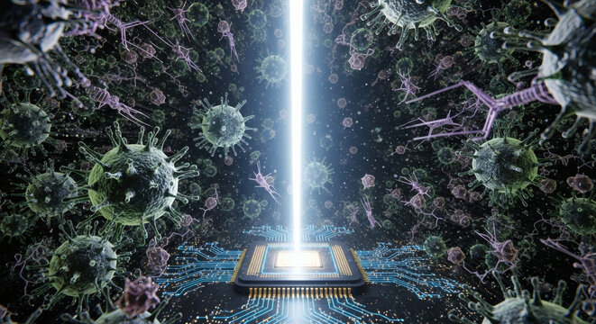 Digital intelligence fighting viral microscopic threats with advanced technology and data processing capabilities