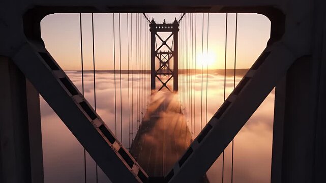 Bridge view from within framework during sunset, with clouds and a single car below