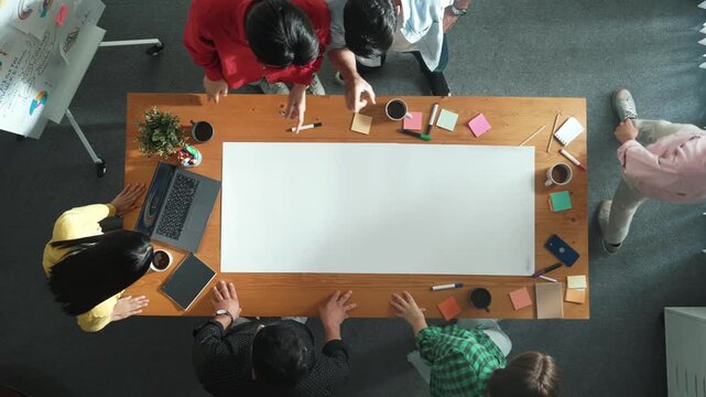 Time lapse of diverse group walking at boardroom and brainstorming idea. Smart startup team sharing marketing idea while project manager standing at whiteboard and present financial plan. Convocation.