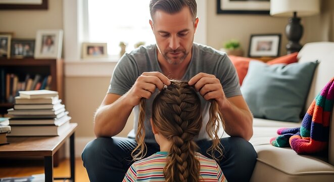 Father braiding daughters hair indoors with natural light and soft tones