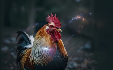 Cosmic Dawn Rooster &ndash; Galaxy Emerging from Feathers, Dreamlike Fine Art Composition