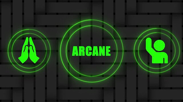 ARCANE Green UI Icons with Pulse Rings on Green Tech Grid Background &ndash; Digital Interface Animation