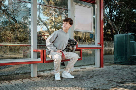 Teenage boy with dog waiting at bus stop