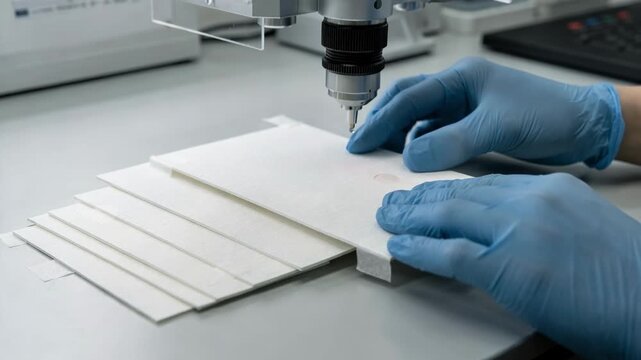 Medium shot capturing detailed roughness analysis of matte paper samples using precision lab equipment under bright lighting.