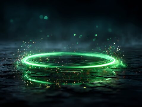 Digital emerald light ring field with concentric waves and futuristic motion graphics feel