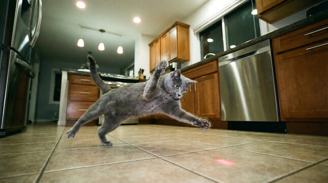 Playful grey cat leaping energetically in a home kitchen chasing a laser pointer dot
