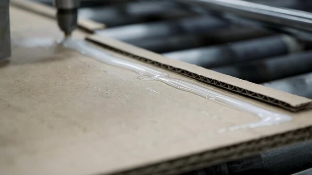 Closeup medium shot of cold glue being precisely applied to carton edges on a foldinggluing line emphasizing controlled adhesion and cool bonding for delicate packaging.
