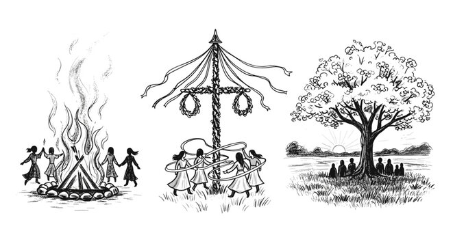 Traditional midsummer celebrations with bonfires, maypole dancing, and gathering under a tree