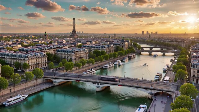 paris aerial view eiffel tower golden hour river seine france cityscape | travel, cityscape, landmark, europe, romantic theme