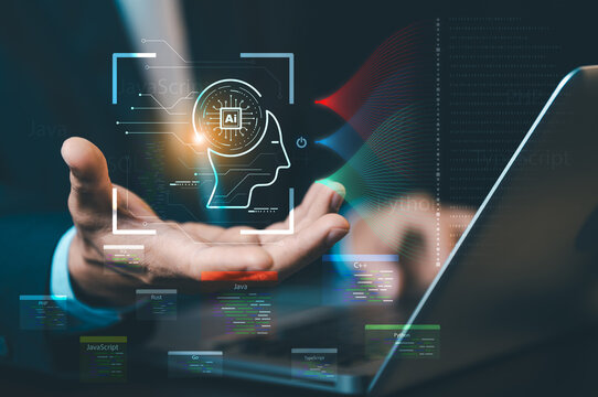 AI head icon with various programming language labels. Concept of software development, coding, artificial intelligence engineering, and tech education.