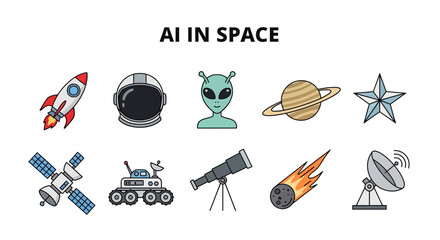 A white background with the text AI IN SPACE above two rows of ten cartoon spacethemed icons © Fauzan Adzima