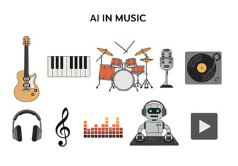 Fototapeta premium Icons related to music and artificial intelligence arranged below a title