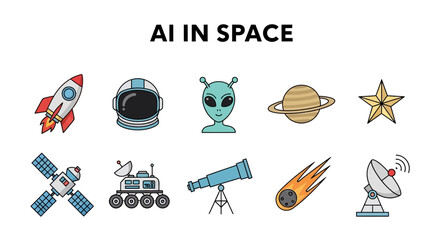 AI IN SPACE text above two rows of ten cartoon spacerelated icons © Fauzan Adzima