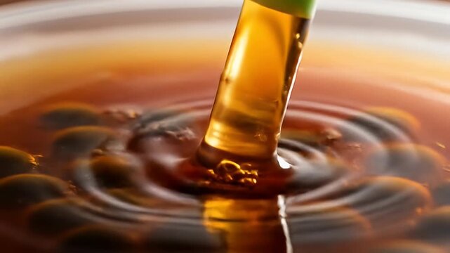 Close-up of boba drink with green straw causing ripples in brown liquid with boba pearls