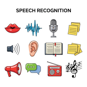 A grid of twelve icons illustrating concepts related to speech recognition technology
