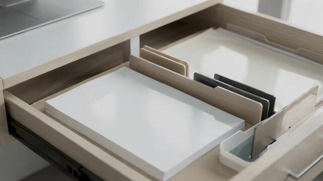 Medium view of laminated desk organizer divider elements showcasing glossy surfaces crafted to enhance durability and style in paper drawer compartments for efficient office