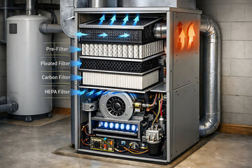 furnace, filter, air, hvac. A detailed view of an HVAC air filtration system showing pre-filter, pleated filter, carbon filter, and HEPA filter with airflow direction indicators.