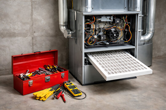 furnace, filter, air, hvac. Open furnace with exposed internal components next to a red toolbox, tools, gloves, and a multimeter on a concrete floor.