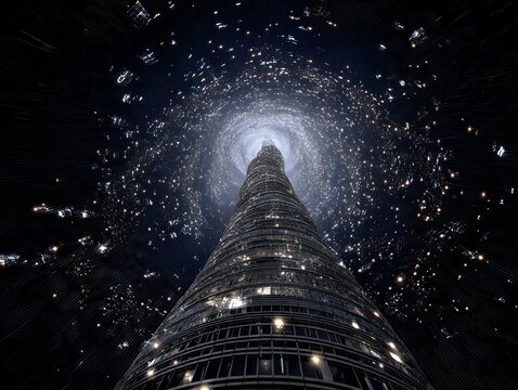 Sci-Fi Cityscape: A futuristic skyscraper pierces the night sky, surrounded by a swirling vortex of light and cosmic dust, evoking a sense of wonder and technological marvel.