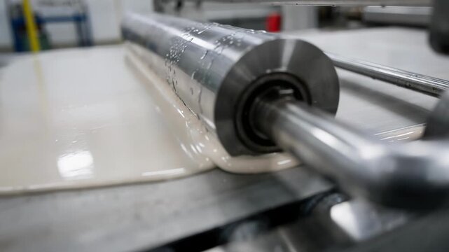 Close view of aqueous primer being evenly spread by a roll coater on a conveyor belt highlighting ecofriendly preparation on thin substrates in a production process.