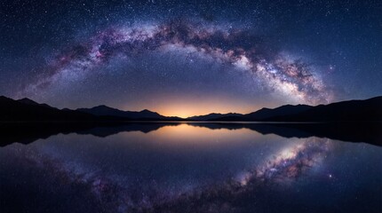 The Milky Way galaxy arches over a serene mountain lake at dusk, reflecting its vibrant stars and colors in the calm water.