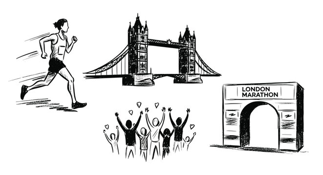 Sketch of London Marathon runner crossing Tower Bridge with cheering crowd and finish line arch