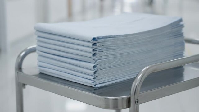 Medium shot capturing precut paper hospital bed covers neatly stacked and ready for use on a sterile hospital cart.