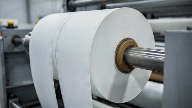 Medium shot capturing twoply jumbo restroom roll manufacturing highlighting layers of soft tissue being wound for premium commercial dispenser use.