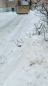A snow-covered unmade path to the entrance to the pharmacy, a narrow trampled path through deep snow with sand and slush, leading iron steps.