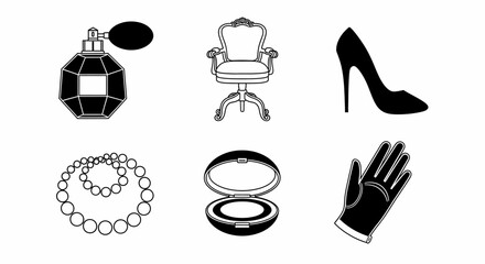 Fototapeta premium Elegant Fashion and Beauty Accessories Icons Set Isolated on White Vector Illustration