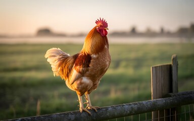 Majestic Farm Rooster at Sunrise &ndash; Golden Hour Rural Landscape, Natural Agricultural Concept