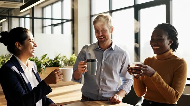 Diverse colleagues enjoy coffee break together in modern office setting.